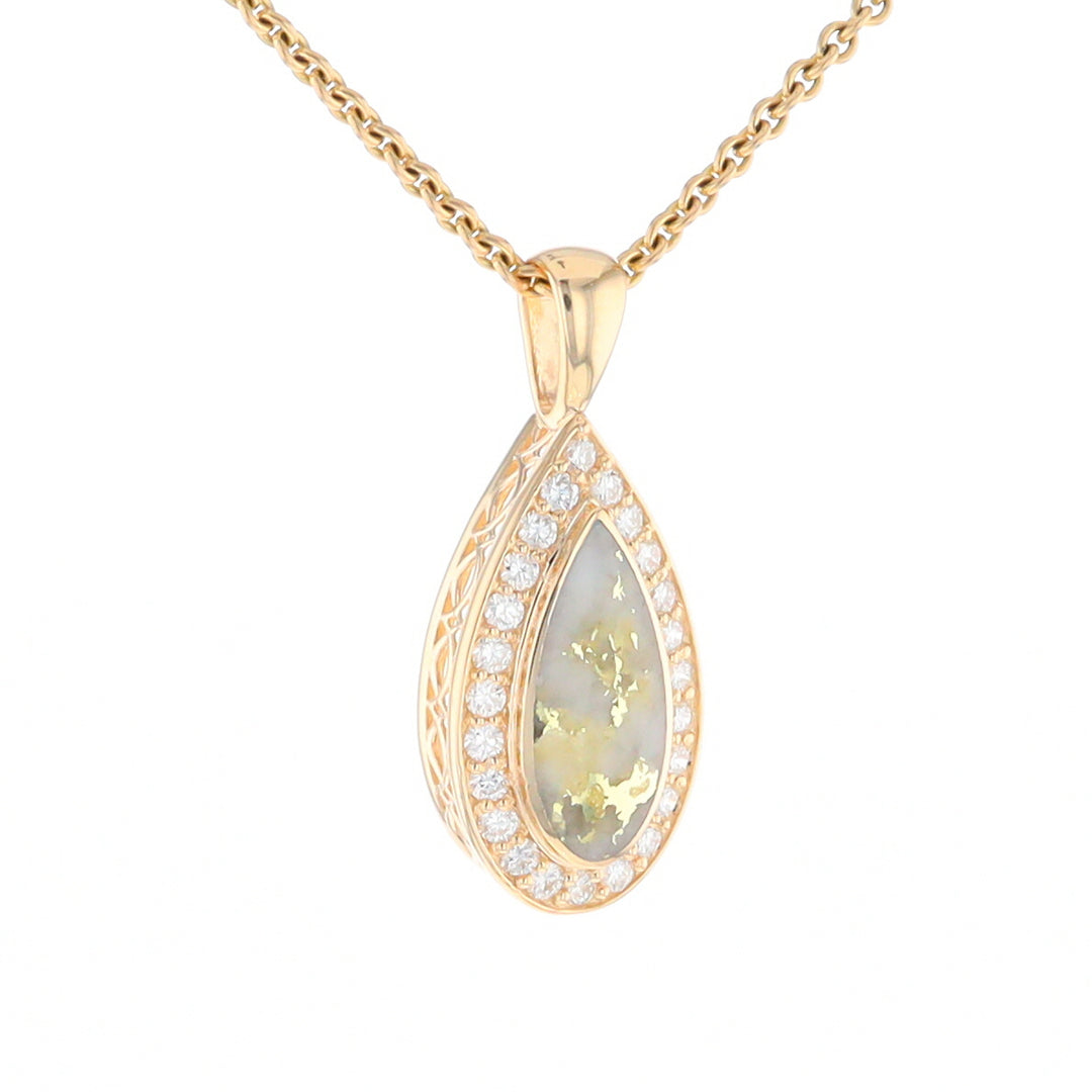 Gold Quartz Pendant Tear Drop Inlaid .42ctw Diamond Halo Design