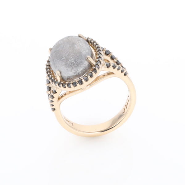 Meteorite Ring Oval Cabochon 0.65ctw Round Black Diamonds Halo
