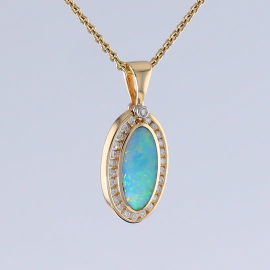 Opal Pendant Oval Inlaid Design with .37ctw Round Diamonds Halo