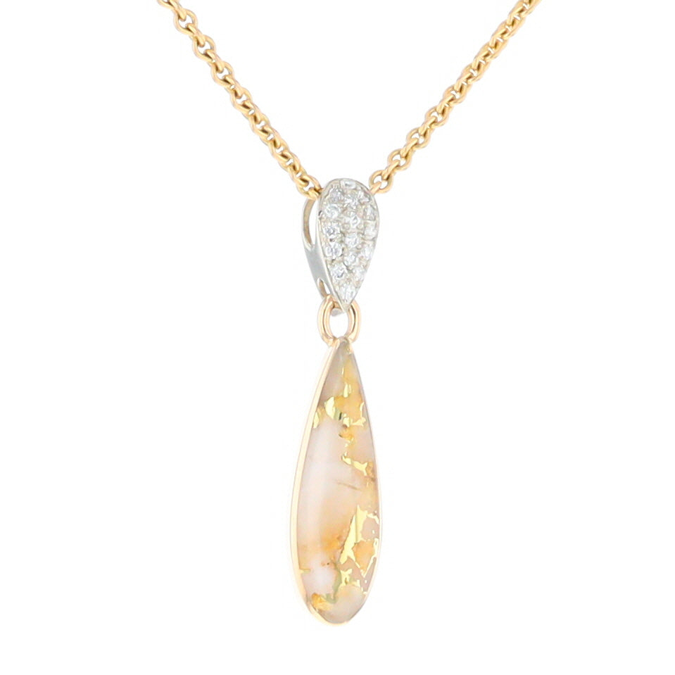 Gold Quartz Necklace Tear Drop Inlaid Pendant with .11ctw Diamonds