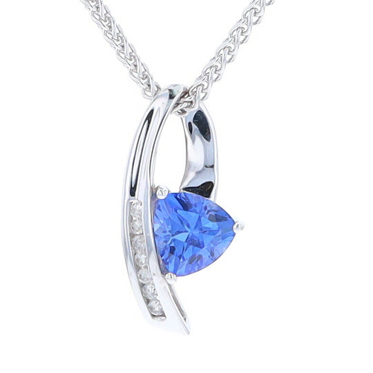 Synthetic Sapphire White Gold Ribbon Pendant with Diamond Accents