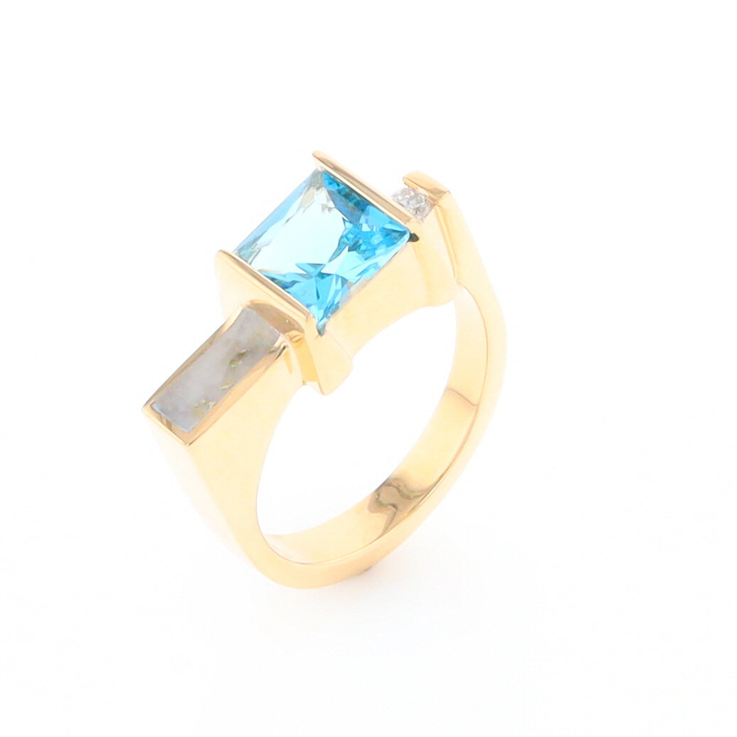 Gold Quartz Ring Rectangle Inlay Swiss Blue Topaz .06ct Round Diamond