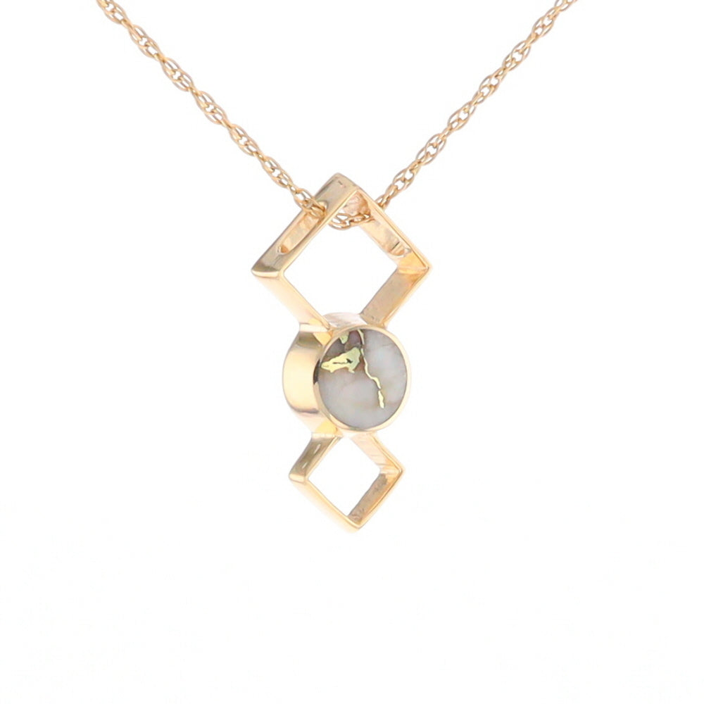 Gold Quartz Round Inlay Double Diamond Design Pendant