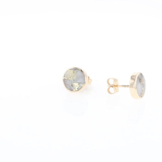 Gold Quartz Earrings 9mm Round Inlaid Studs - G2