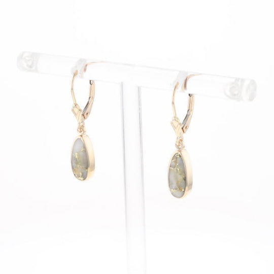 Gold Quartz Earrings Tear Drop Inlaid Lever Backs