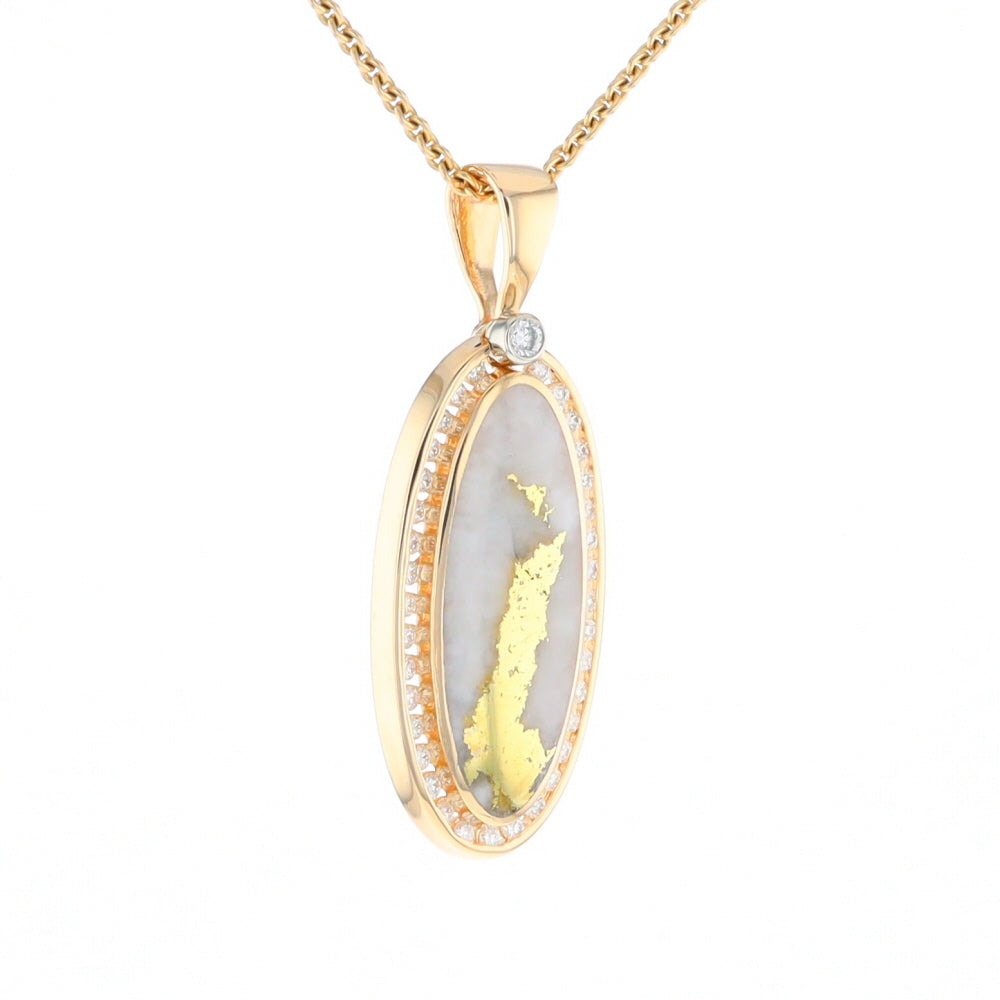 Gold Quartz Necklace .54ctw Halo Diamond Oval Inlaid Pendant