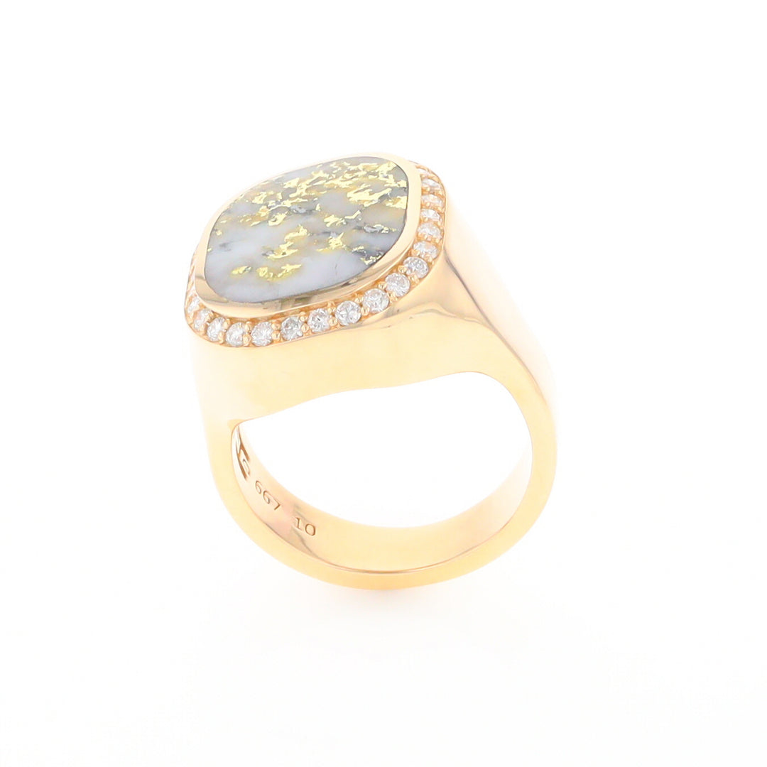 Gold Quartz Cushion Inlaid Men's Ring with Diamond Halo