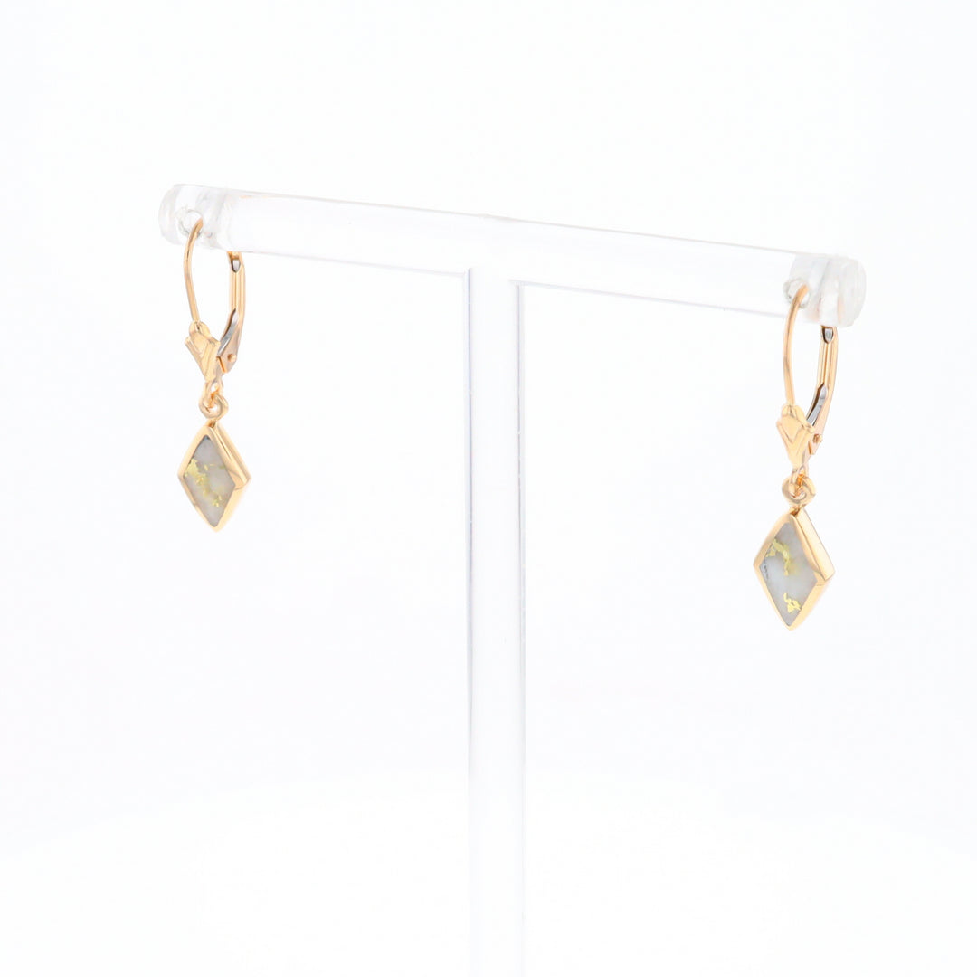 Gold Quartz Earrings Diamond Shape Inlaid Lever Backs G1