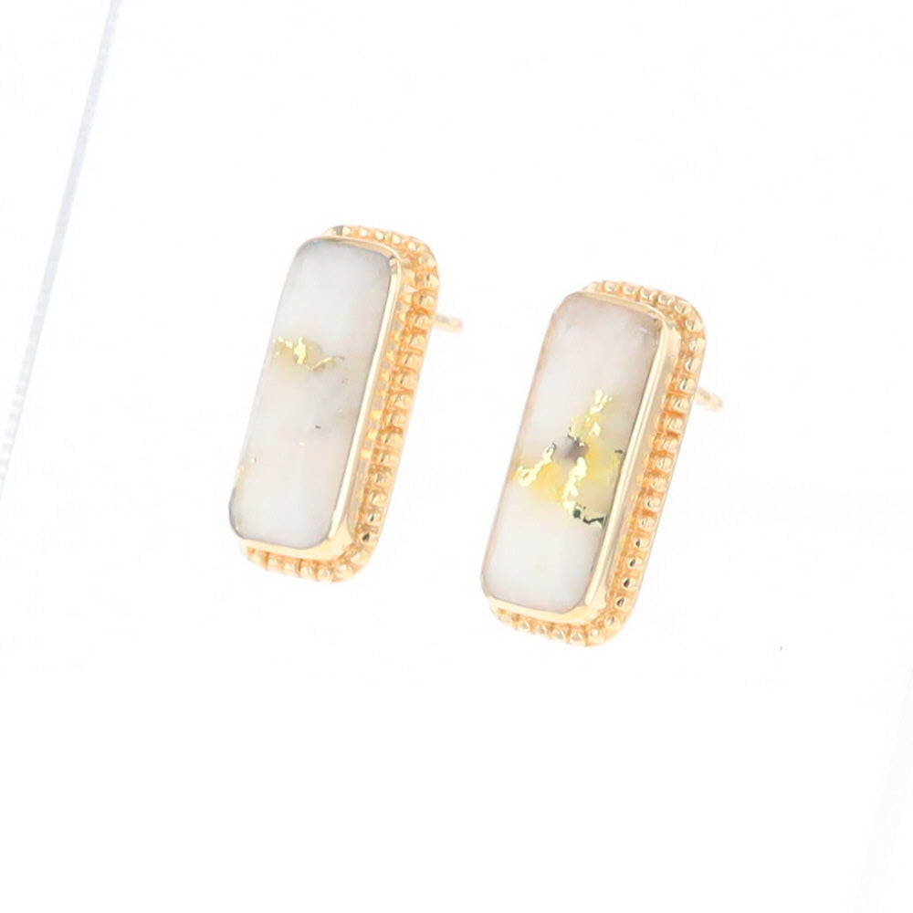 Gold Quartz Earrings Rectangle Inlaid Milgrain Design - G2