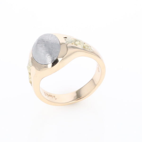 Oval Meteorite Inlaid Ring with Natural Gold Nuggets