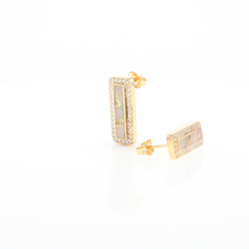 Gold Quartz Earrings Rectangle Inlaid with .50ctw Round Diamonds Halo Design - G2