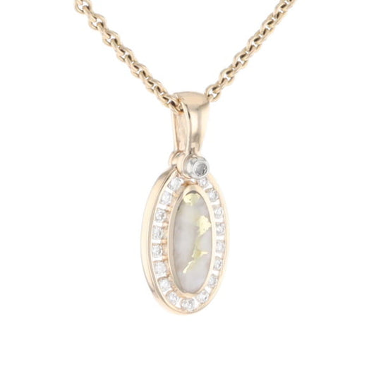 Gold Quartz Pendant Oval Inlaid with .22ctw Round Diamonds Halo (G1)