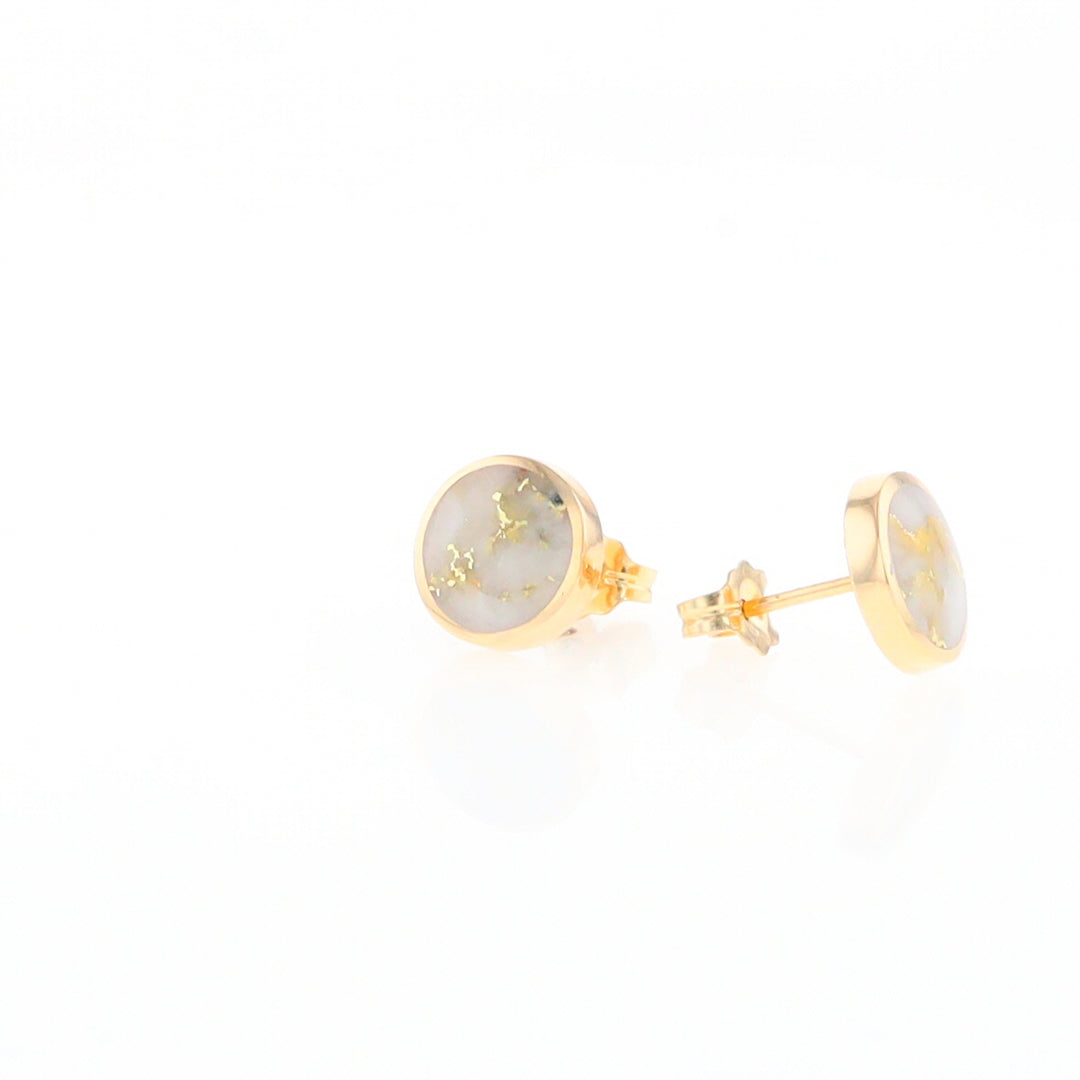 Gold Quartz Earrings 9mm Round Inlaid Studs - G2