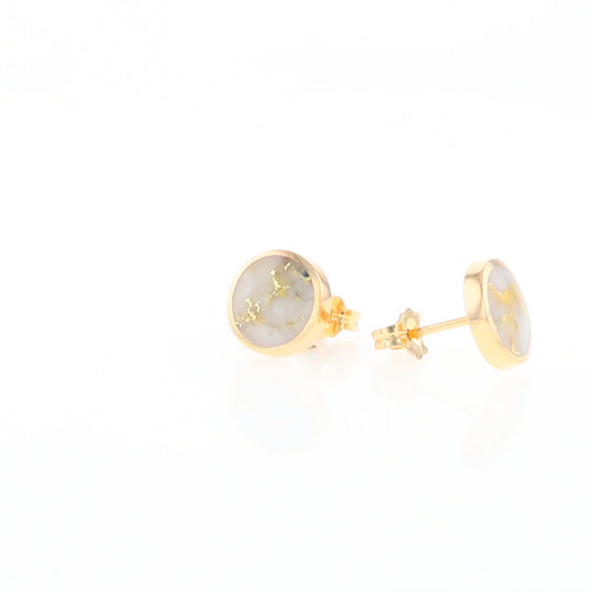 Gold Quartz Earrings 9mm Round Inlaid Studs - G2