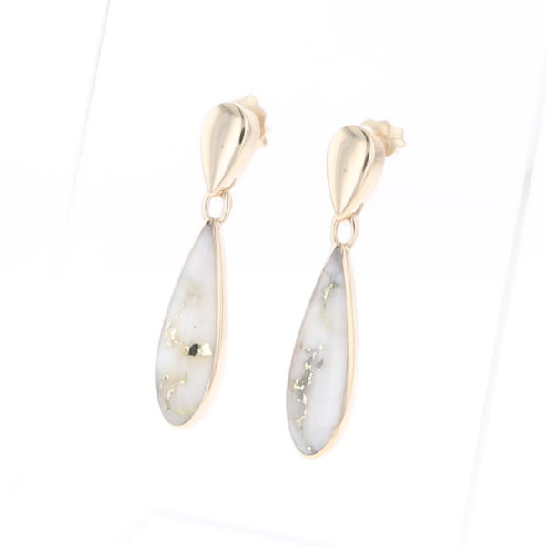 Gold Quartz Earrings Tear Drop Inlaid Design