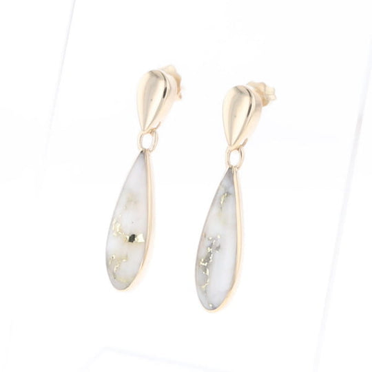 Gold Quartz Earrings Tear Drop Inlaid Design