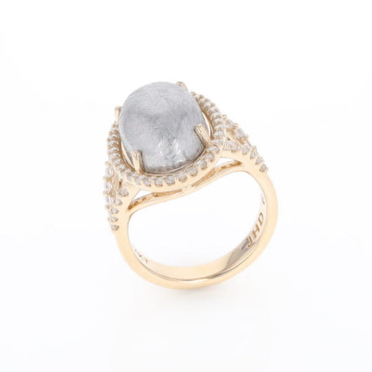 Meteorite Ring Oval Cabochon 0.65ctw Round Diamonds Halo
