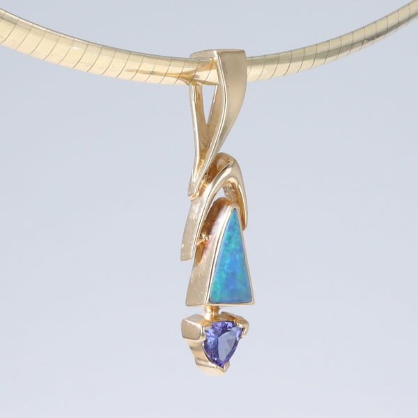 Opal Pendant Triangle Inlaid Design with Trillion Cut Tanzanite