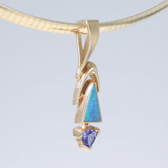 Opal Pendant Triangle Inlaid Design with Trillion Cut Tanzanite