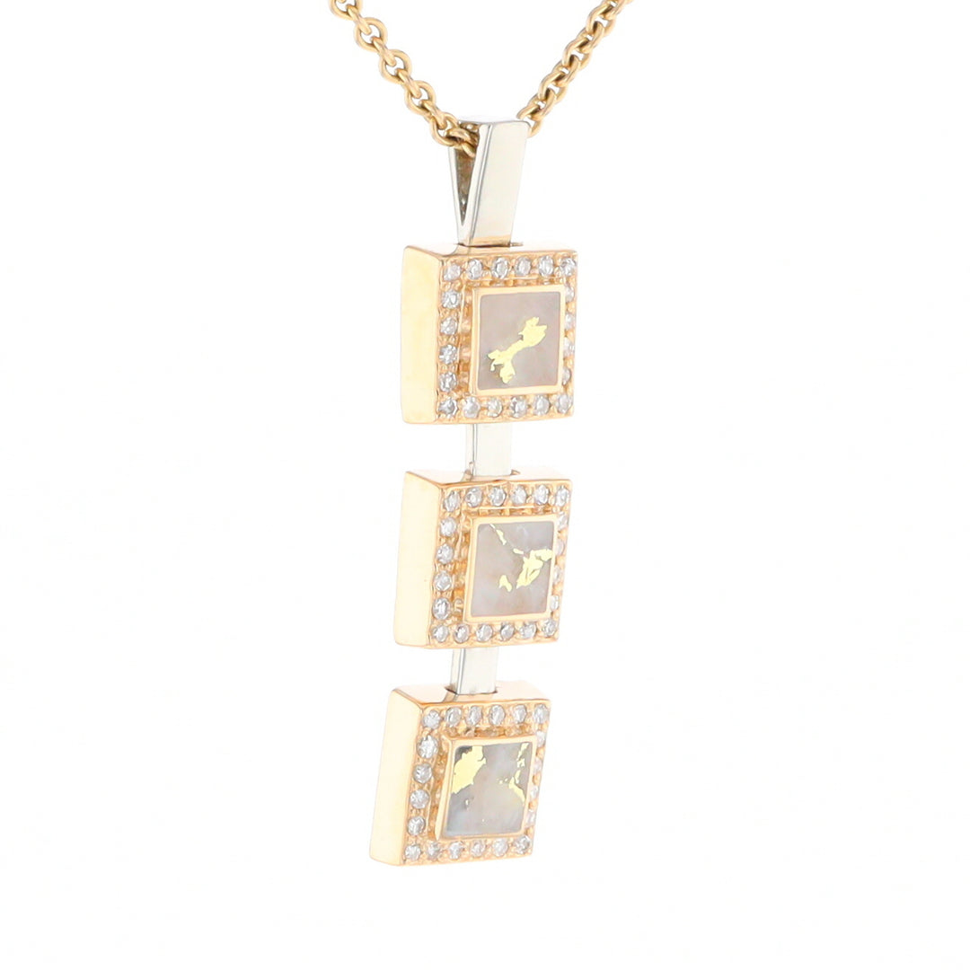 Gold Quartz Necklace, 3 Squared Inlaid Design, .42ctw Diamond Halo Drop Pendant