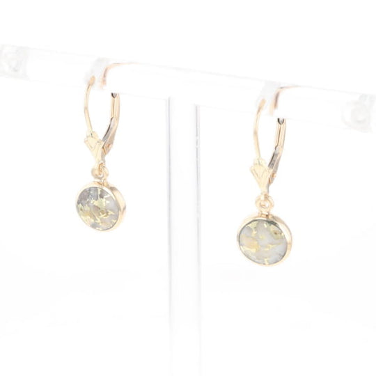 Gold Quartz Earrings Round Inlaid Design Lever Backs