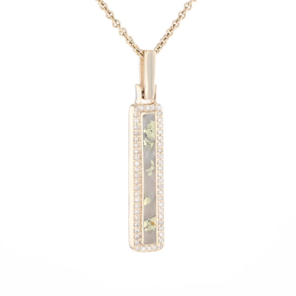 Gold Quartz Necklace, Rectangle Inlaid, .27ctw Diamond Halo Pendant