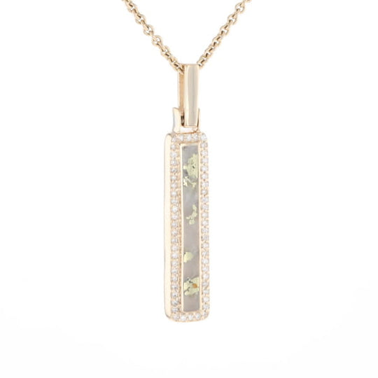 Gold Quartz Necklace, Rectangle Inlaid, .27ctw Diamond Halo Pendant