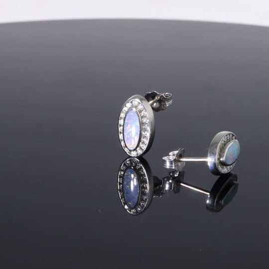 Opal Earrings Oval Inlaid with .25ctw Round Diamond Halo Studs