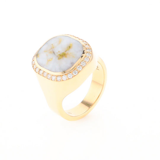 Gold Quartz Cushion Inlaid Men's Ring with Diamond Halo