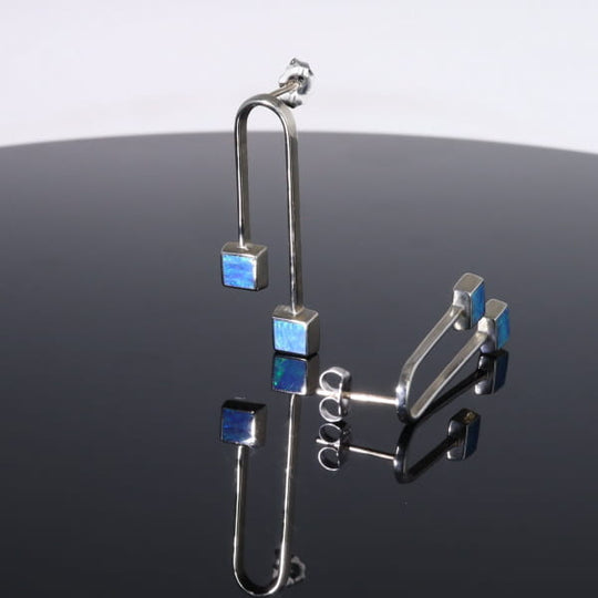 Opal Earrings Curved Bar Double Square Inlaid Ends Design Studs