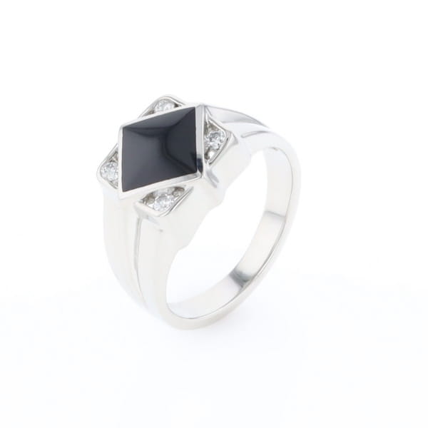 Natural onyx ring diamond shape inlaid design with .16ctw round diamonds