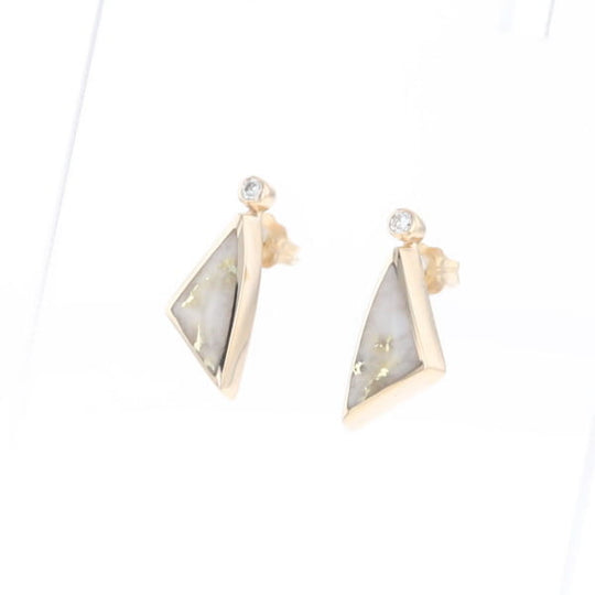 Gold Quartz Earrings Triangle Shape Inlaid with .04ct Round Diamonds - G2