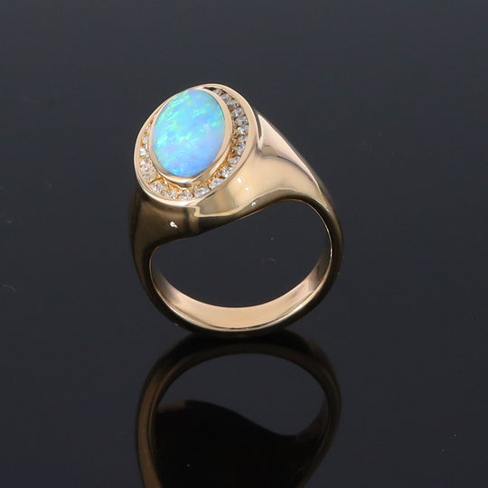 Opal Rings Oval Inlaid Design with .36ctw Round Diamonds Halo