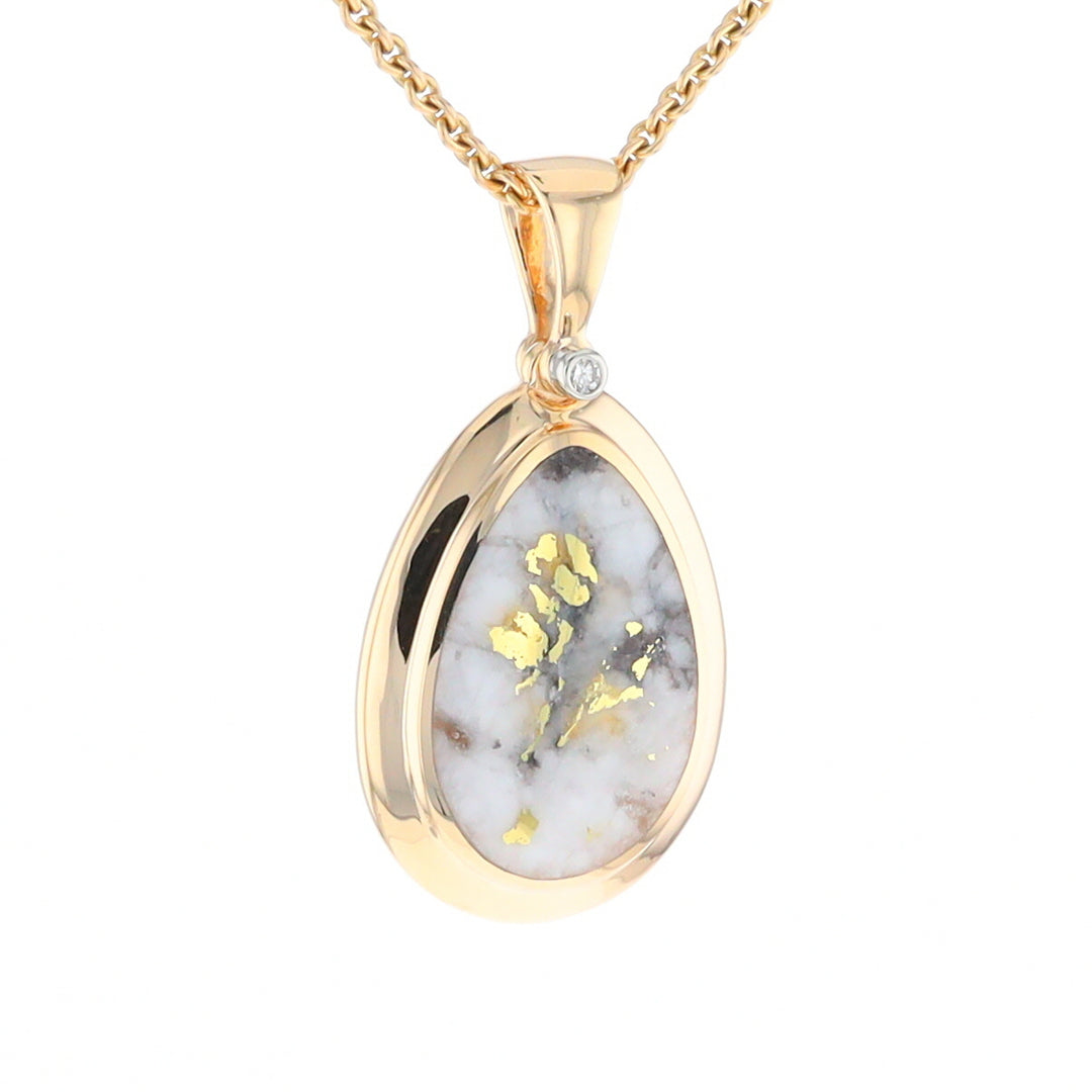 Gold Quartz Necklace Pear Shape Inlaid Pendant with .02ct Diamond