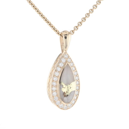 Gold Quartz Pendant Tear Drop Inlaid .42ctw Diamond Halo Design