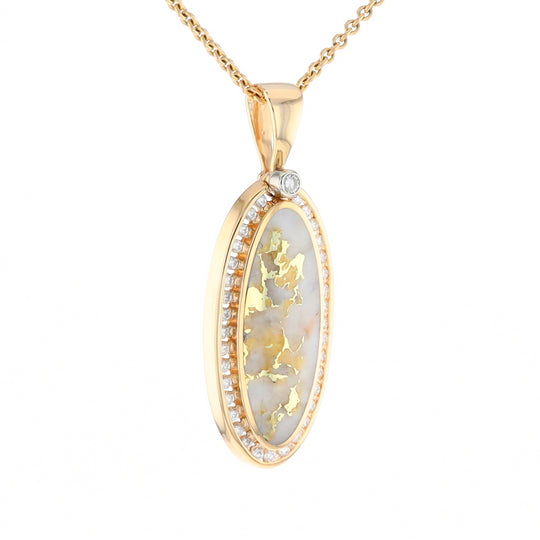 Gold Quartz Necklace .54ctw Halo Diamond Oval Inlaid Pendant