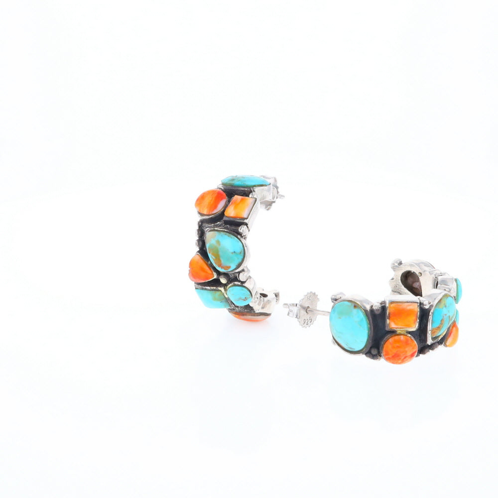 Turquoise & Spiny Oyster Semi-Hoop Stud Earrings