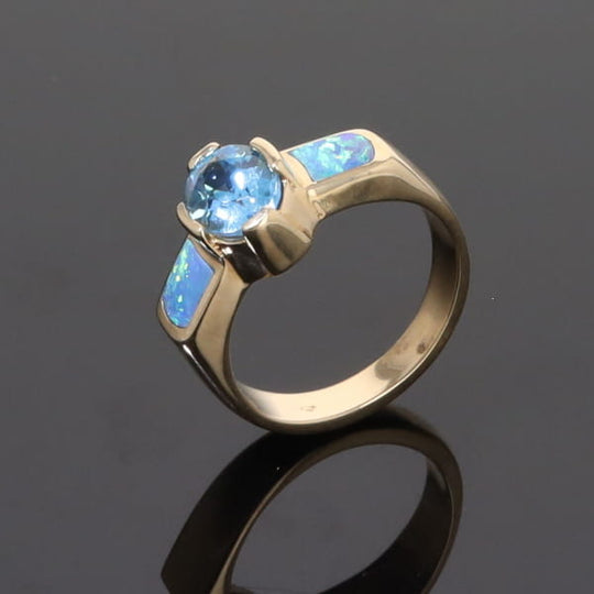 Opal Rings 2 Section Inlaid Design with Oval Swiss Blue Topaz Center