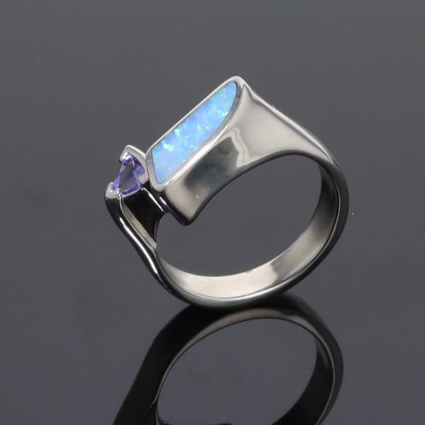 Opal Rings Geometric Inlaid Design with Tanzanite and .08ctw Diamonds