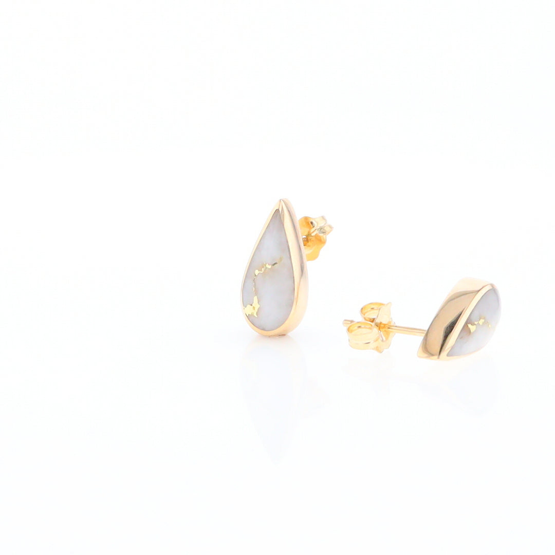 Gold Quartz Earrings Tear Drop Inlaid Studs