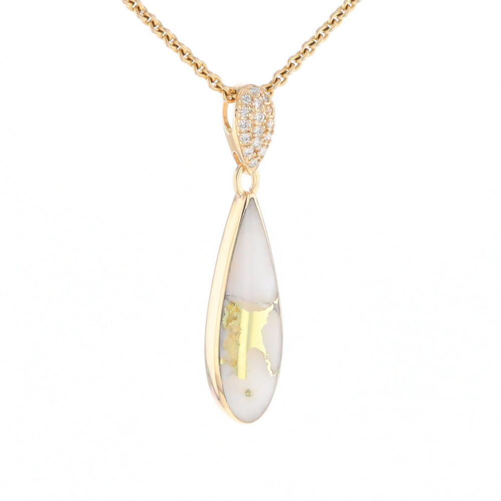 Gold Quartz Necklace, Tear Drop Inlaid Design with 0.11ctw Diamond Pave Pendant G2