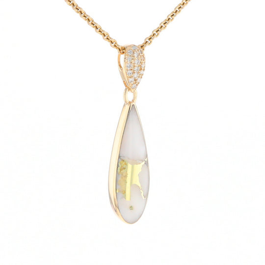 Gold Quartz Necklace, Tear Drop Inlaid Design with 0.11ctw Diamond Pave Pendant G2