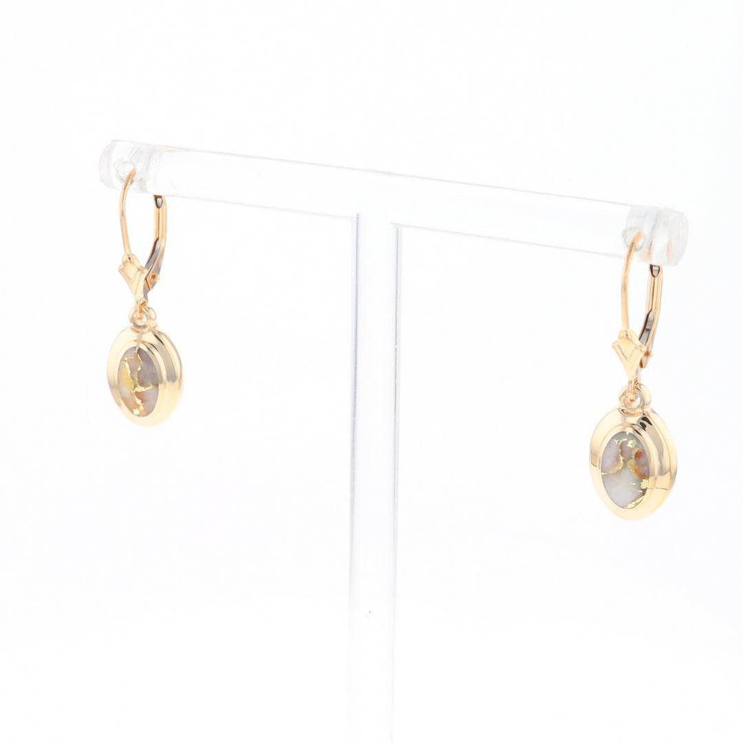 Gold Quartz Earrings Oval Inlaid Design Lever Backs - G2