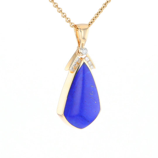 Natural Lapis pendant, tear drop inlaid design, 0.15ctw diamonds