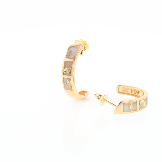 Gold Quartz Hoop Earrings 3 Section Inlaid Design