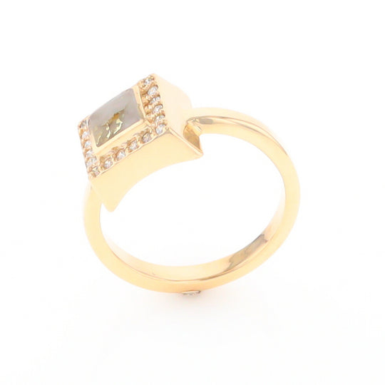 Gold Quartz Ring Square Inlaid Halo .14ctw Diamonds Design