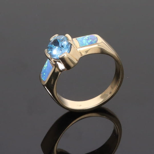 Opal Rings 2 Section Inlaid Design with Oval Swiss Blue Topaz Center