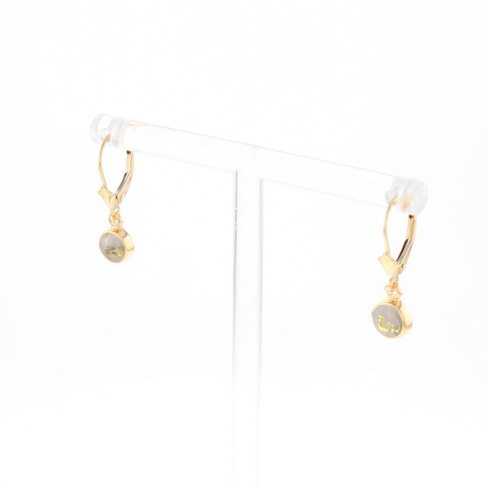 Gold Quartz Earrings Round Inlaid Design Lever Backs