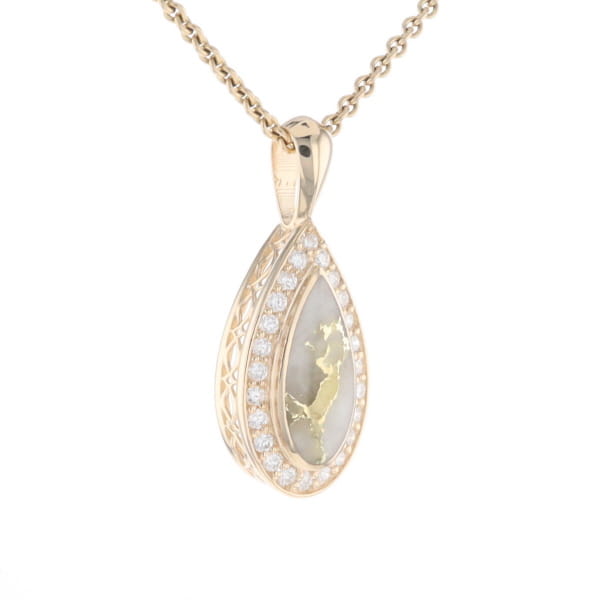 Gold Quartz Pendant Tear Drop Inlaid .42ctw Diamond Halo Design