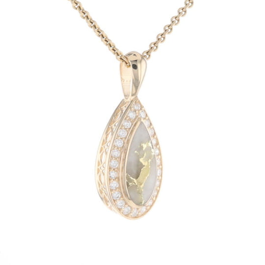 Gold Quartz Pendant Tear Drop Inlaid .42ctw Diamond Halo Design